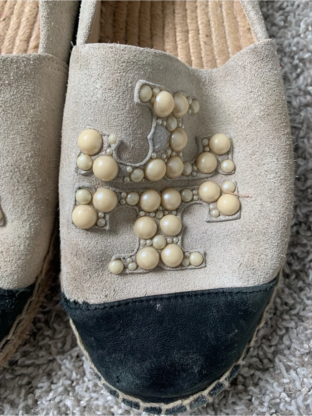 Tory Burch Pearl Logo Beige Suede Slip-On Espadrilles with Black Toe
